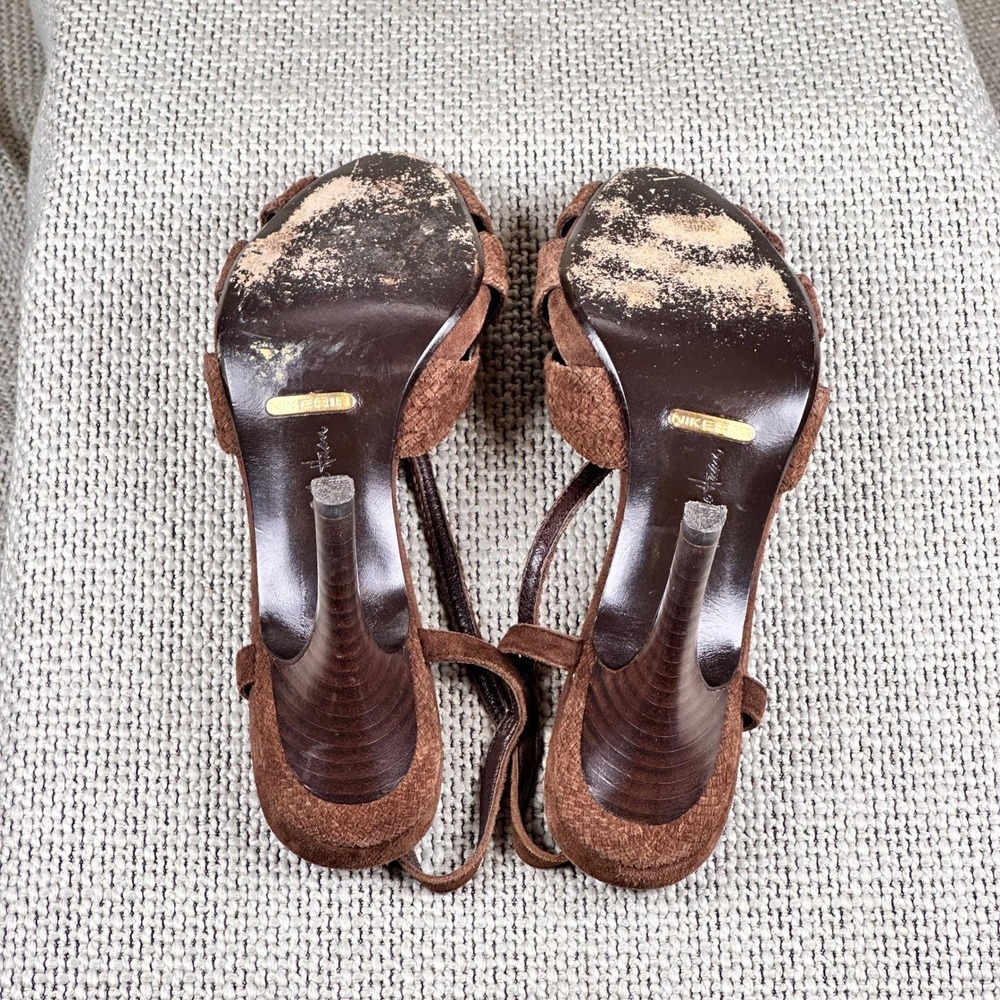 Luxe Cole Haan Brown Suede Boho Strappy Heels Braided Sandals Y2K Size 6 B - Picture 7 of 8